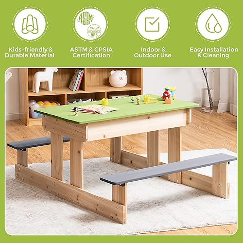 Miniatura 8 de Costzon Mesa de picnic para niños, 3 en 1 multiusos, mesa de arena y agua con parte superior extraíble y 2 cajas de almacenamiento, construcción de