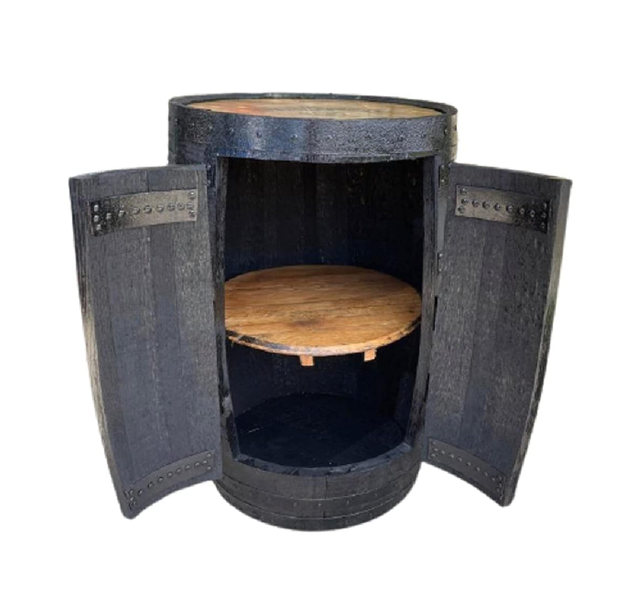 Cheeky Chicks Ltd Black Whisky Barrel Cabinet | Rustic Solid Oak Wood and with Logo | Black 2 Doors 1 Shelf