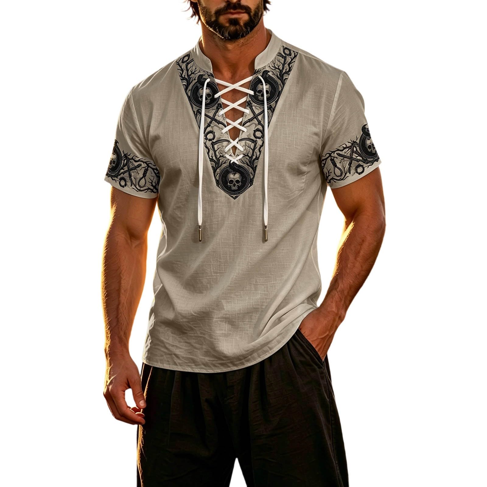 Summer Shirts for Men Short Sleeve Medieval Pirate Scottish Ghillie Shirt — image 1
