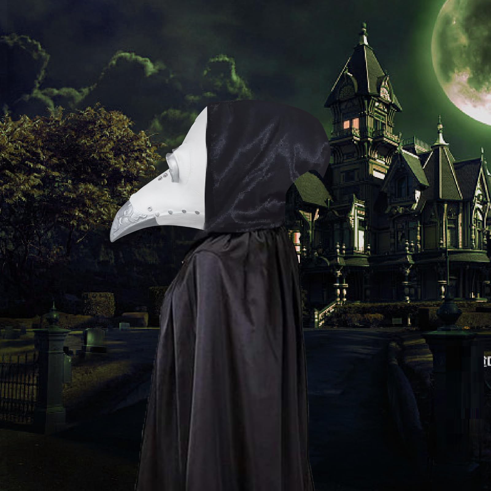 Plague Doctors Mask, Halloween Costume Props Long Nose Beak Mask, Gothic Cosplay Bird Mask Latex Steampunk Beak Mask with Black Hooded Cloak and Gloves for Halloween Cosplay Masquerade - Image 3