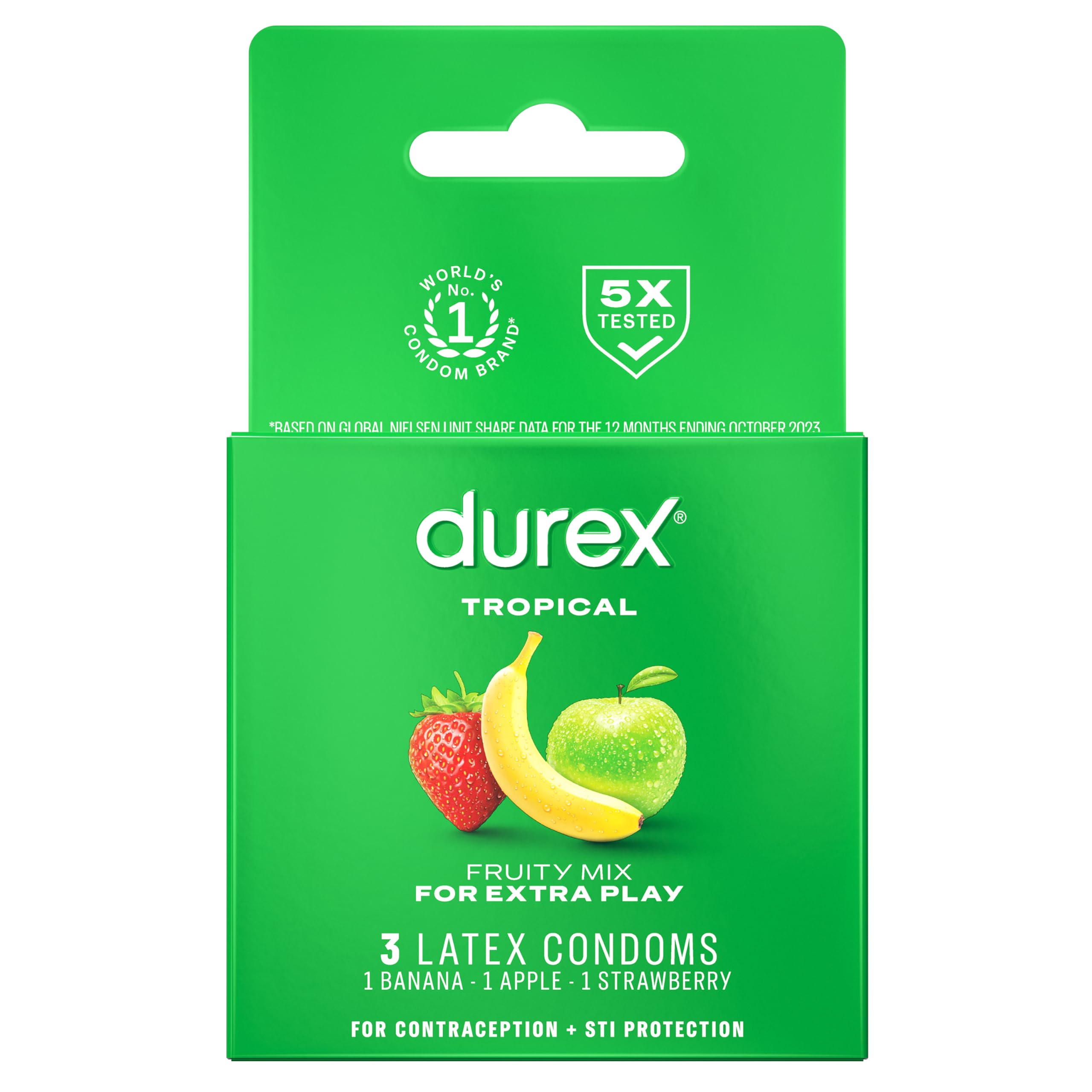 Durex Tropical Condoms, Natural Rubber Latex Condoms for Men, Exciting Flavors, 3 Count