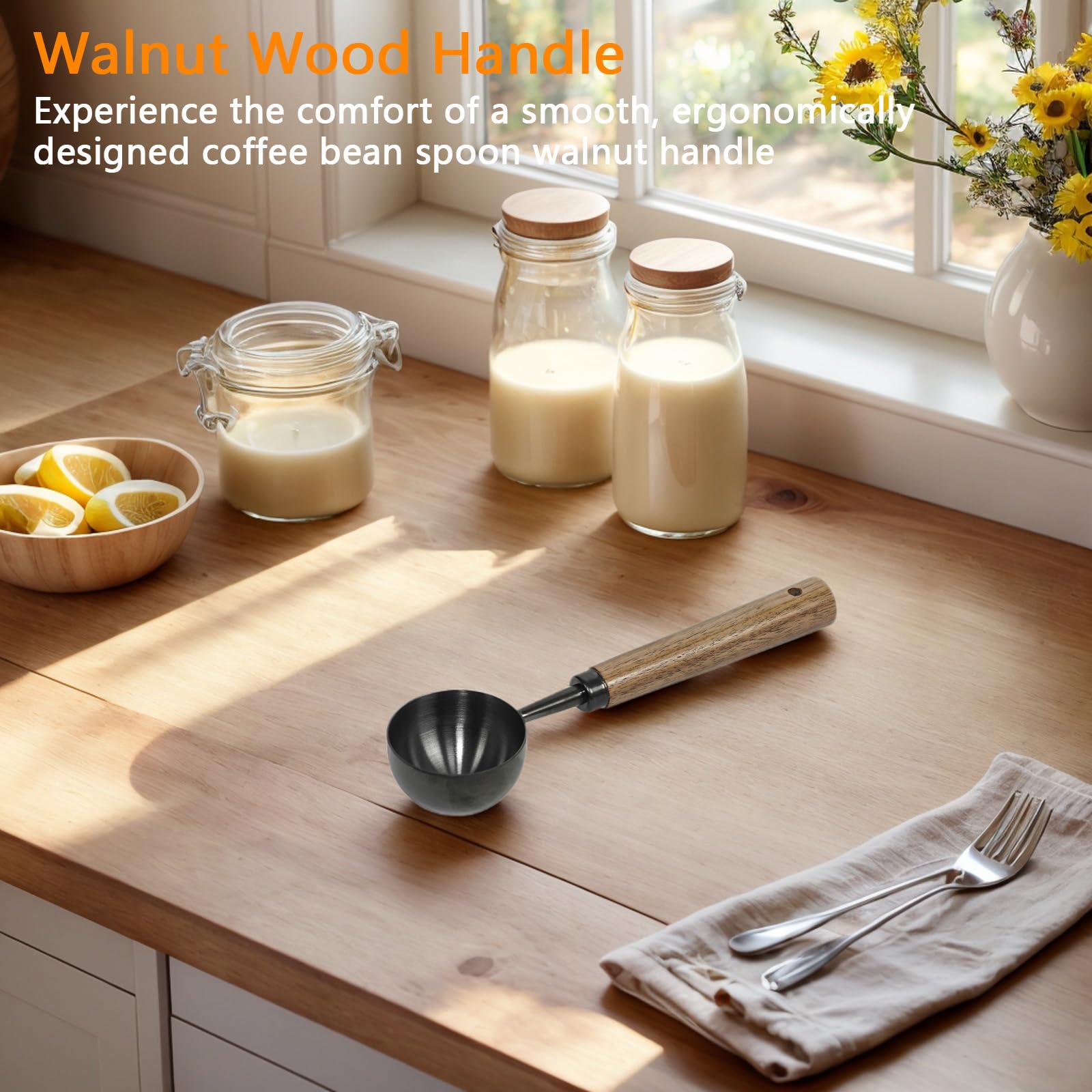 Cuchara de café de acero inoxidable con mango de nogal, cuchara medidora de metal para café molido, espresso, sales de baño, fórmula, cuchara multiusos duradera (negro)