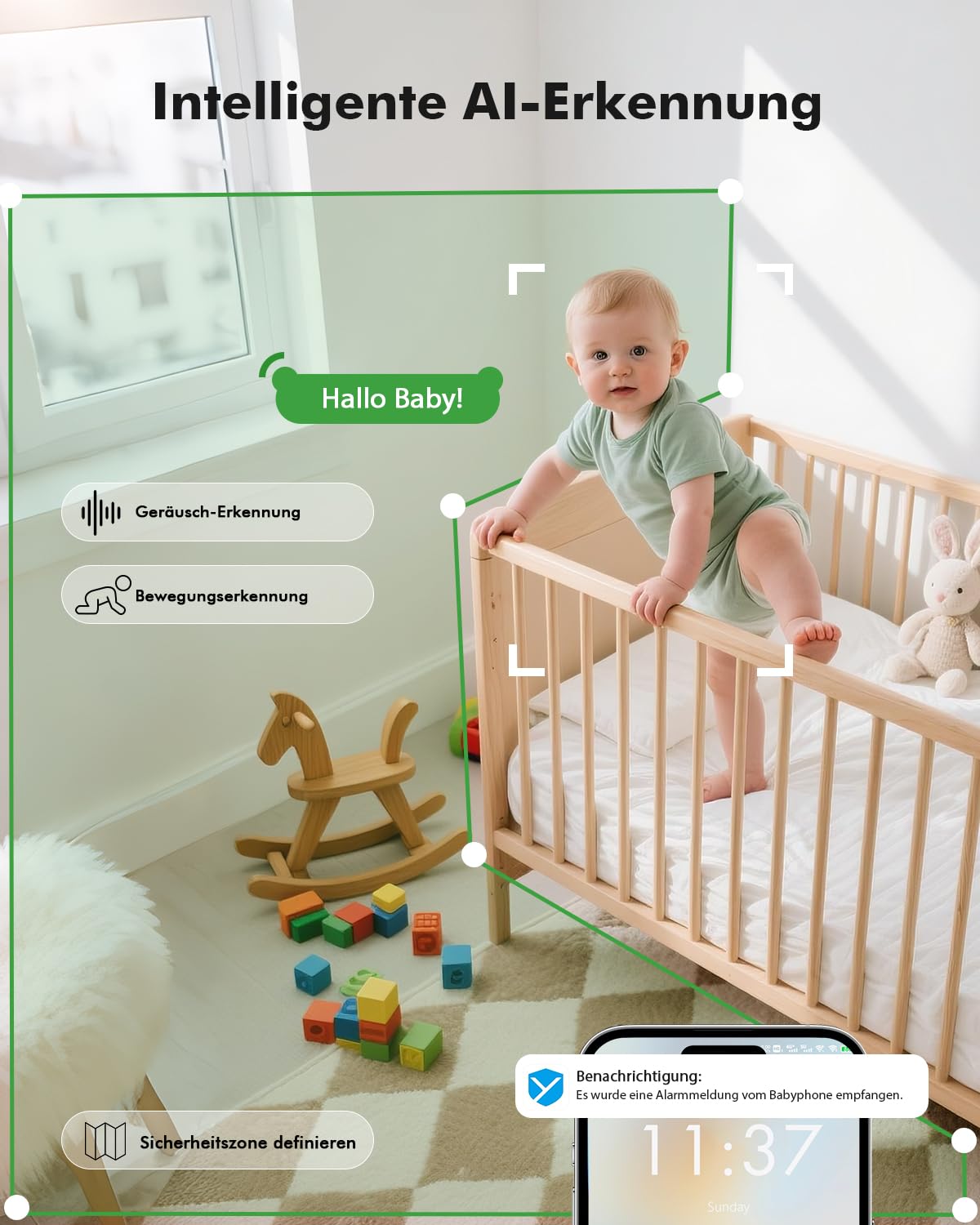 Babyphone mit Kamera 1080P HD PTZ 360°, 4.3" WLAN Baby Monitor mit App, IR Nachtsicht, 4X Zoom, Video Babyfon mit Bewegungs-/Geräuscherkennung, 2-Wege-Audio, Auto-Tracking, Bereichsalarme