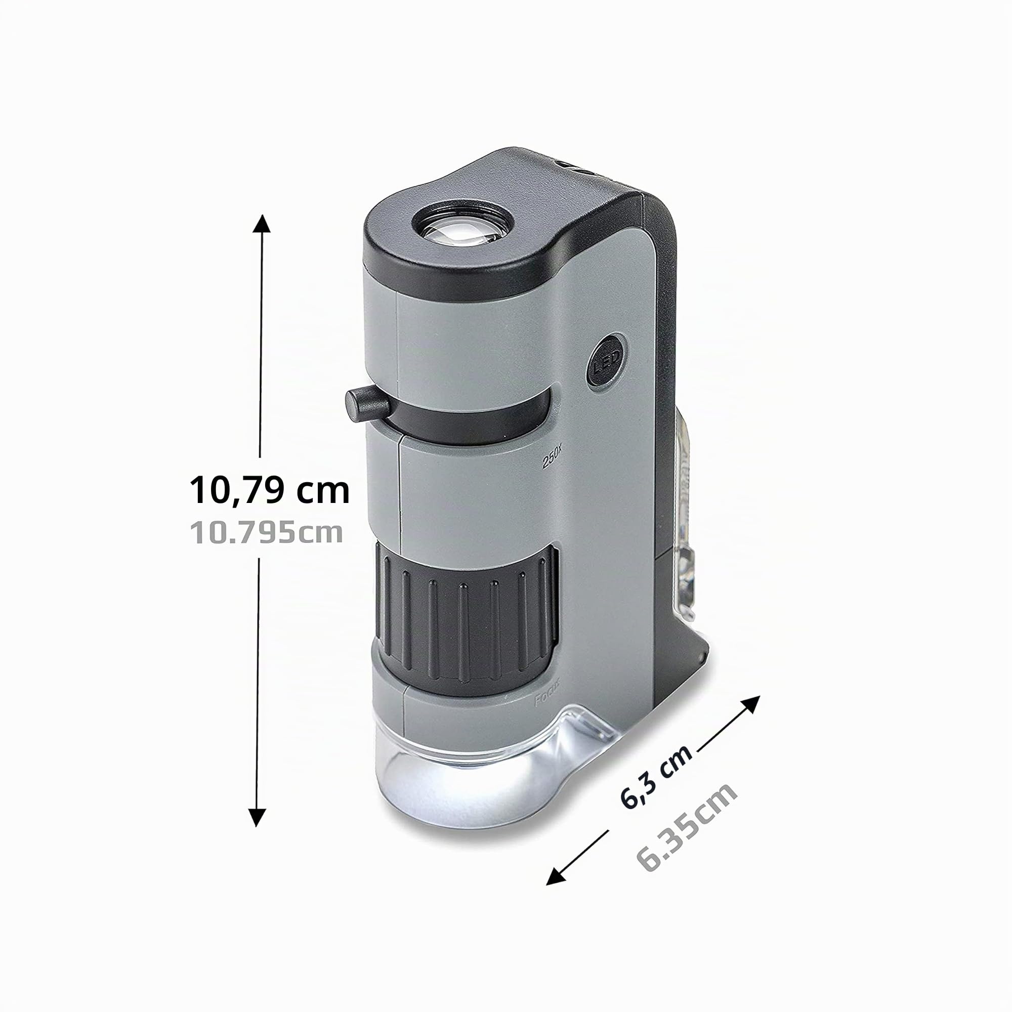 CARSON MicroFlip 100x-250x - Microscopio de Bolsillo con luz LED y UV, Base Deslizante abatible y Clip de digitalización para Smartphone (MP-250)