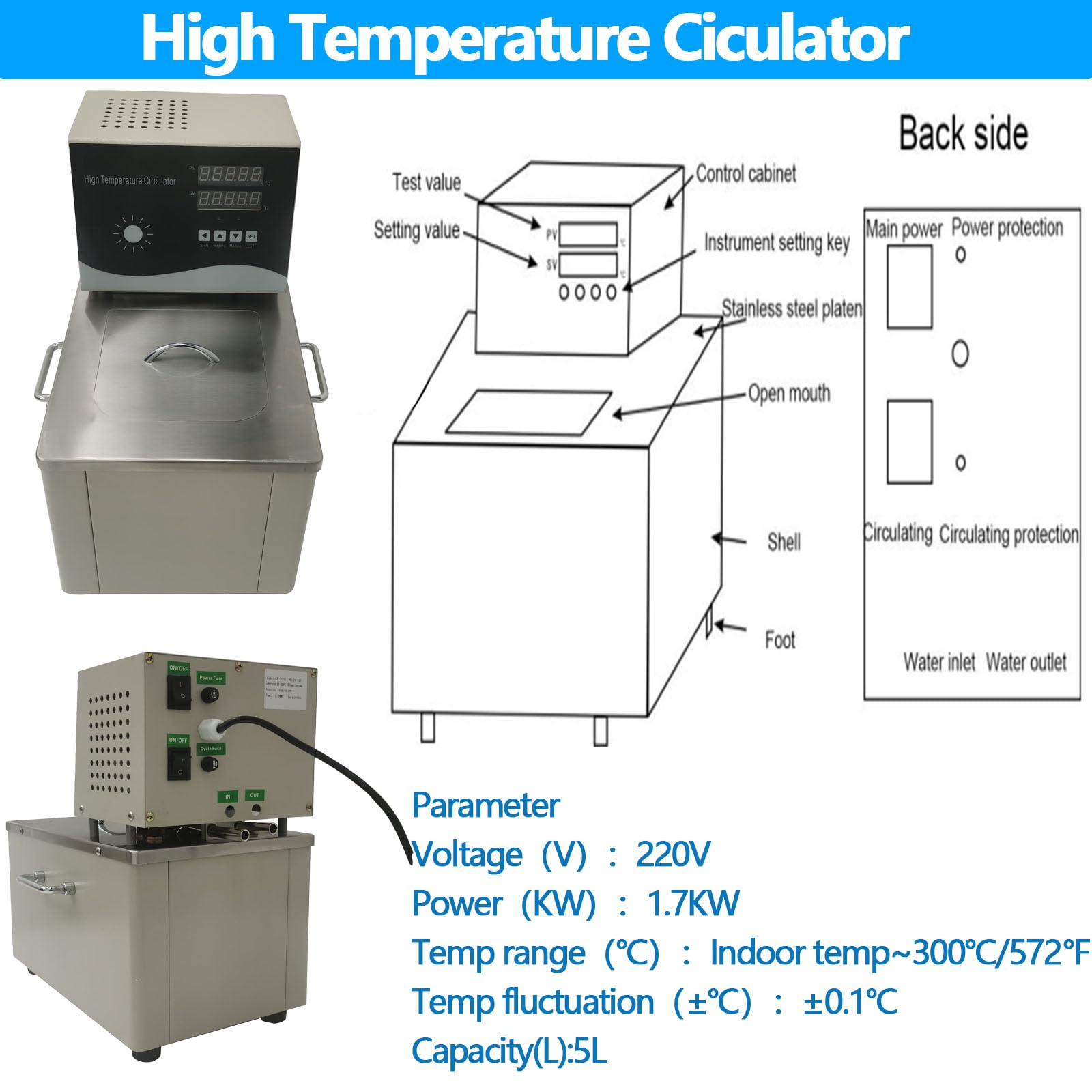 WYDDDARY 220V Thermostatic Water Bath Heating Circulator 5L Laboratory High Temperature Ciculator Pump 572?/300? Digital Circulating Oil Bath Thermostatic Heater Circulatory System 1700W