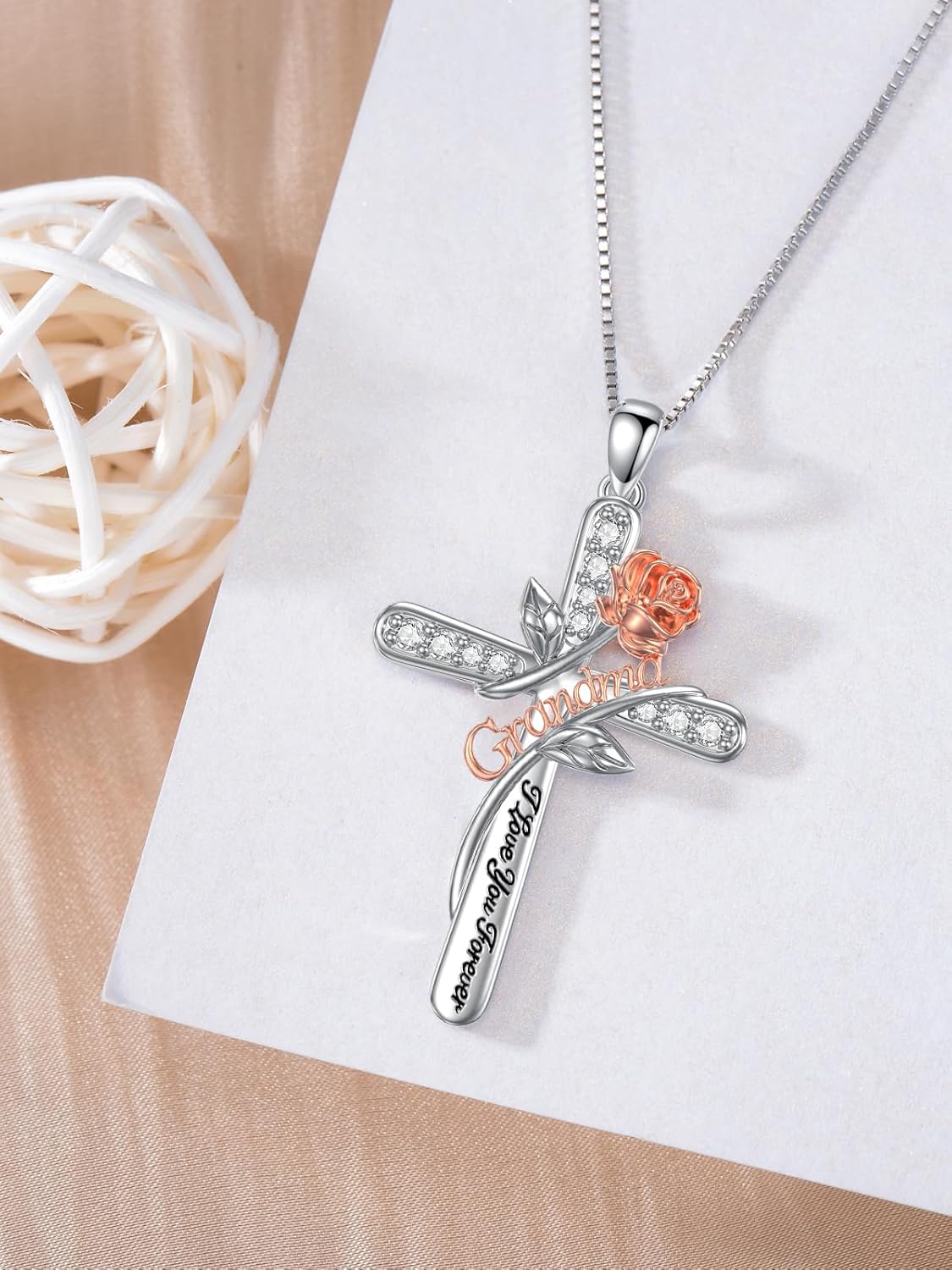 Rose Flower Love Necklaces Sterling Silver Cross Pendant Jewelry Gifts for Mom/Grandma/Nana/Love/Daughter I Love You Forever Necklaces - Image 3