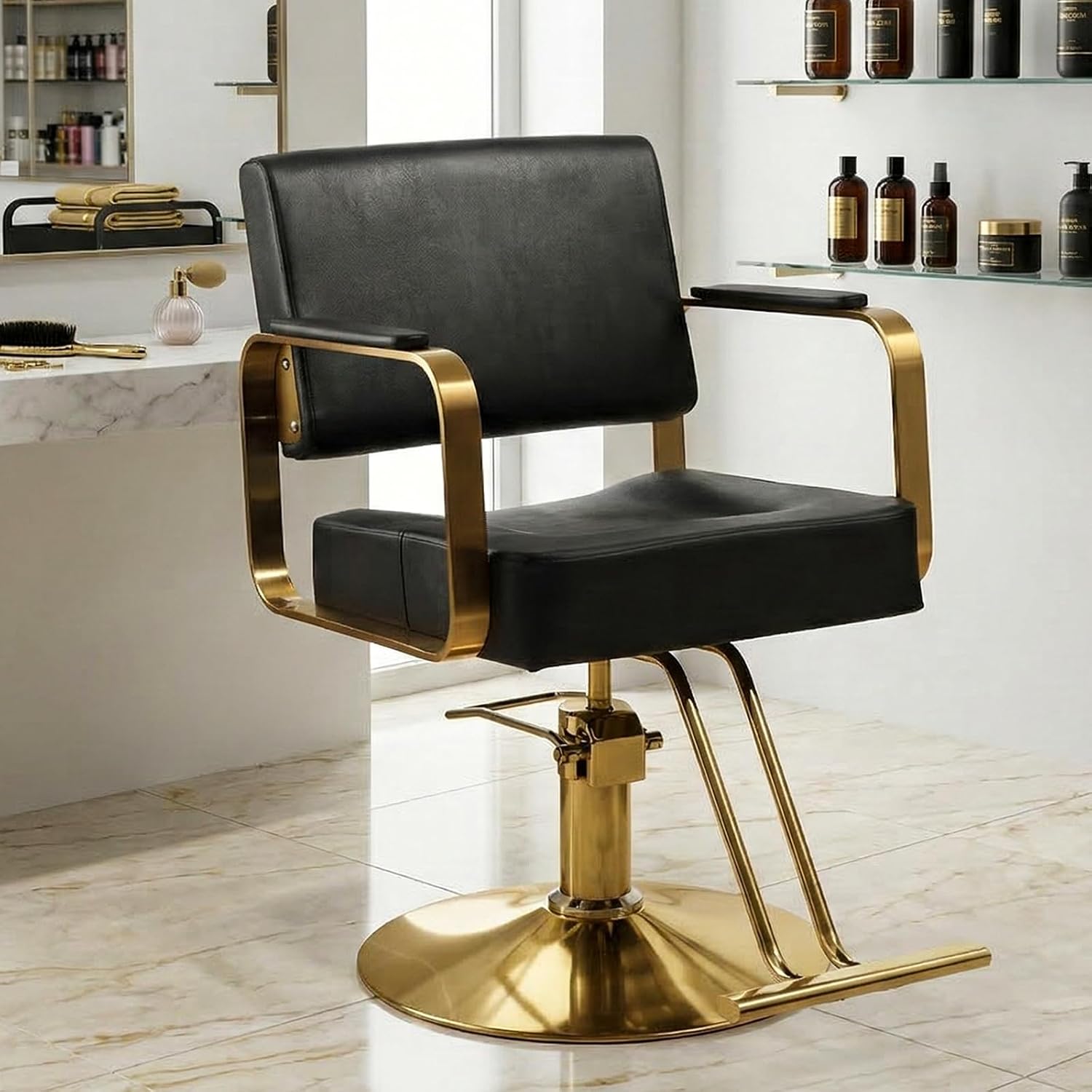 Black & Gold Salon Barber Chair for Hair Stylist with Hydraulic Pump & Thicken Cushion Beauty Styling Chair for Home Barbershop Swivel Height Adjustable