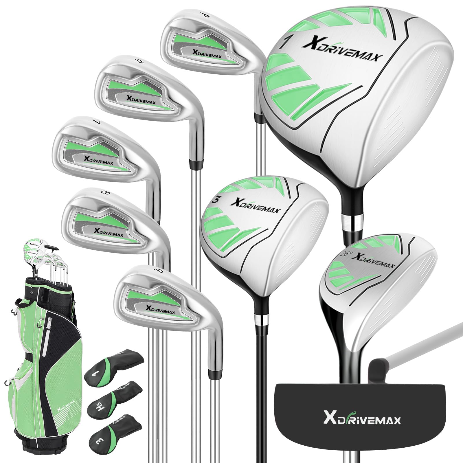 XDriveMax 10 Teilige Komplettes Damen Golfschläger Set, Golf Set Rechtshänder,Inklusive Cart Bag mit Regenhaube, 1#Driver 3#Wood #5 Hybrid, mit 3 Kopfhüllen, 6# 7# 8# 9# PW# Eisen und Putter