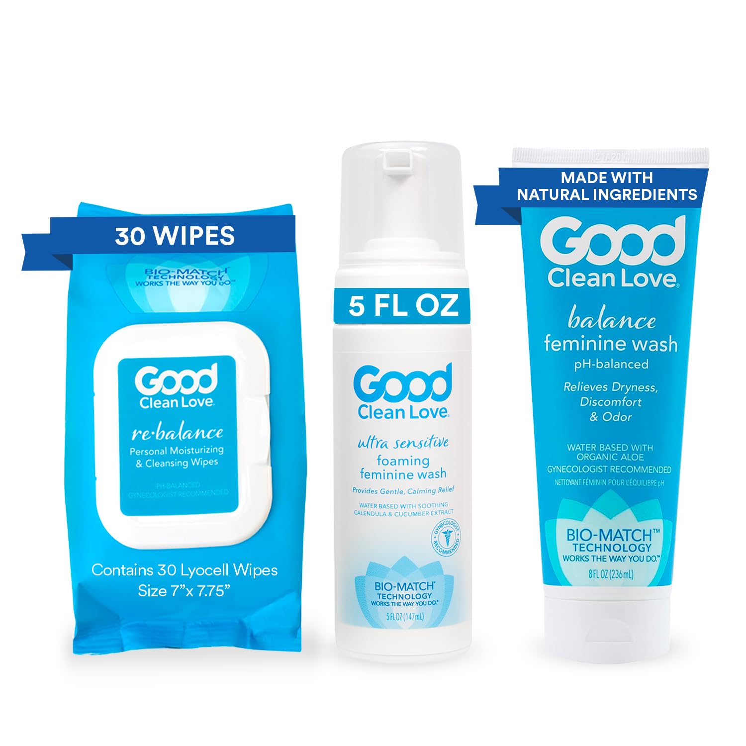 Good Clean Love Feminine Washes and Wipes Kit Rebalance Wipes Balance Wash and Ultra Sensitive Foaming pH-Balanced Wash