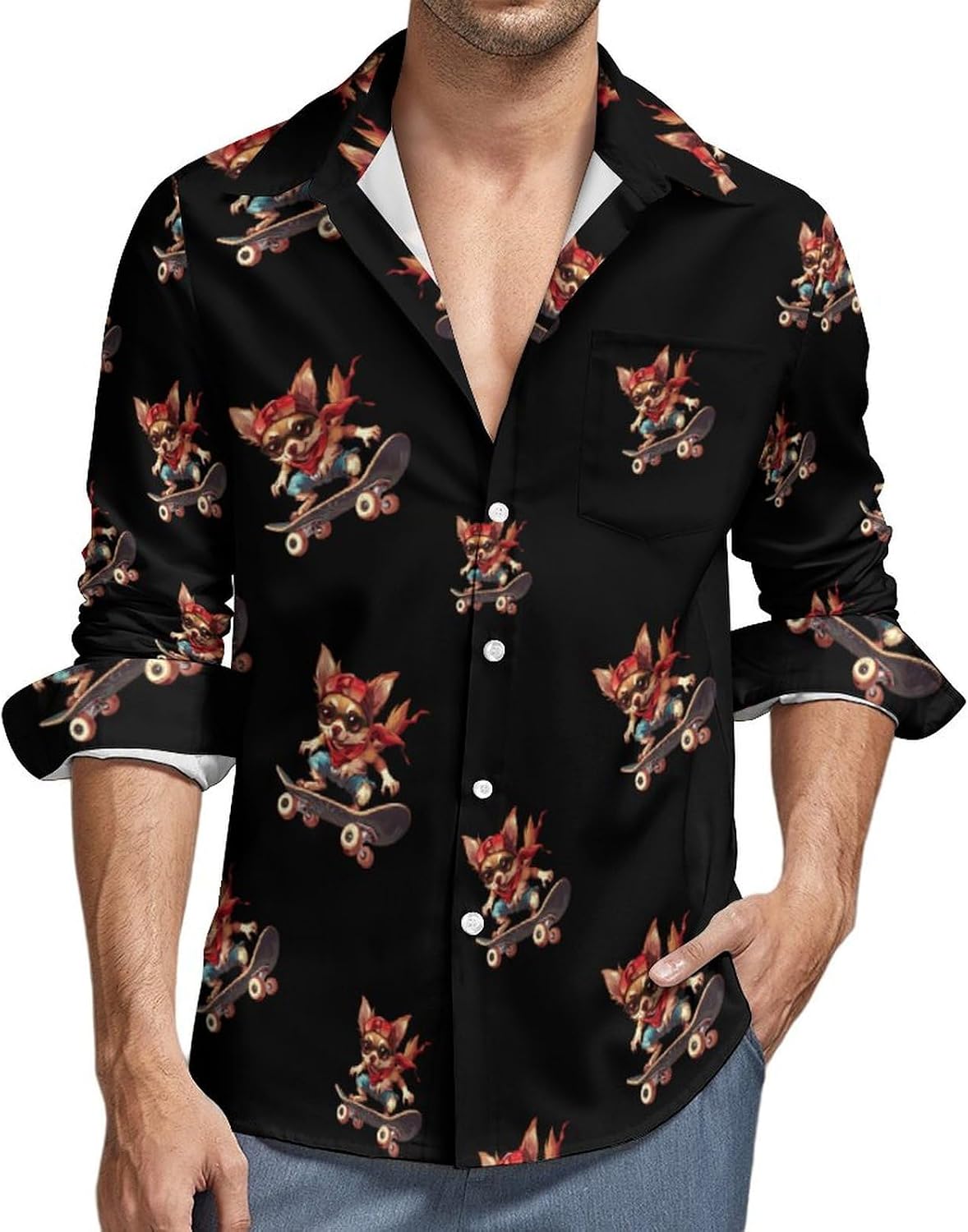 Skate Chihuahua Novelty Men's Long Sleeve Shirts Casual Button Down Shirt Pullover Tops