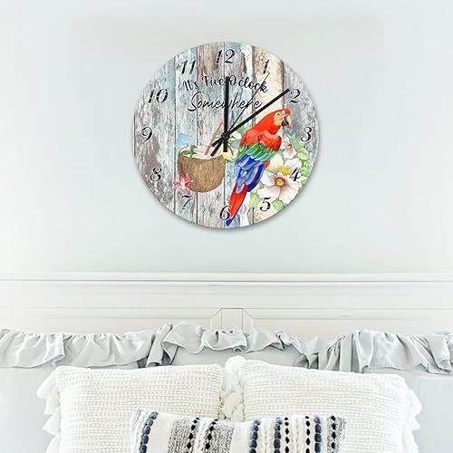Miniatura 4 de Reloj de pared de loro de 15 pulgadas, con movimiento de cuarzo, decoración Tiki para patio exterior, reloj de pared de madera moderno, reloj