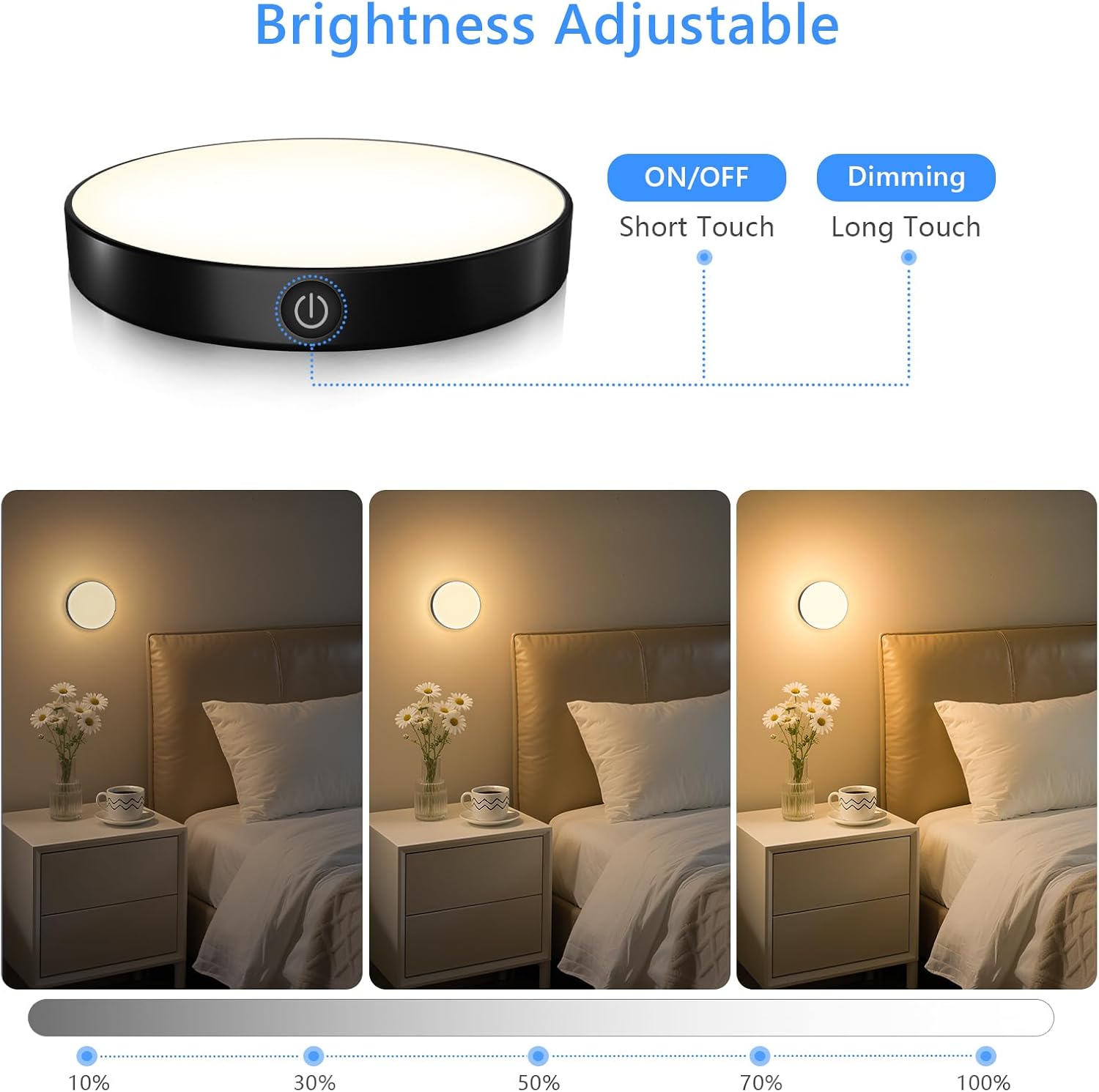 Ferswe Dimmable Touch Light, 3000K Rechargeable Touch Lights Stick on, Closet Light with 1000mAh Large Battery, LED Night Light for Closet, Counter, Kitchen, Bedroom and Wall(2 Pack)