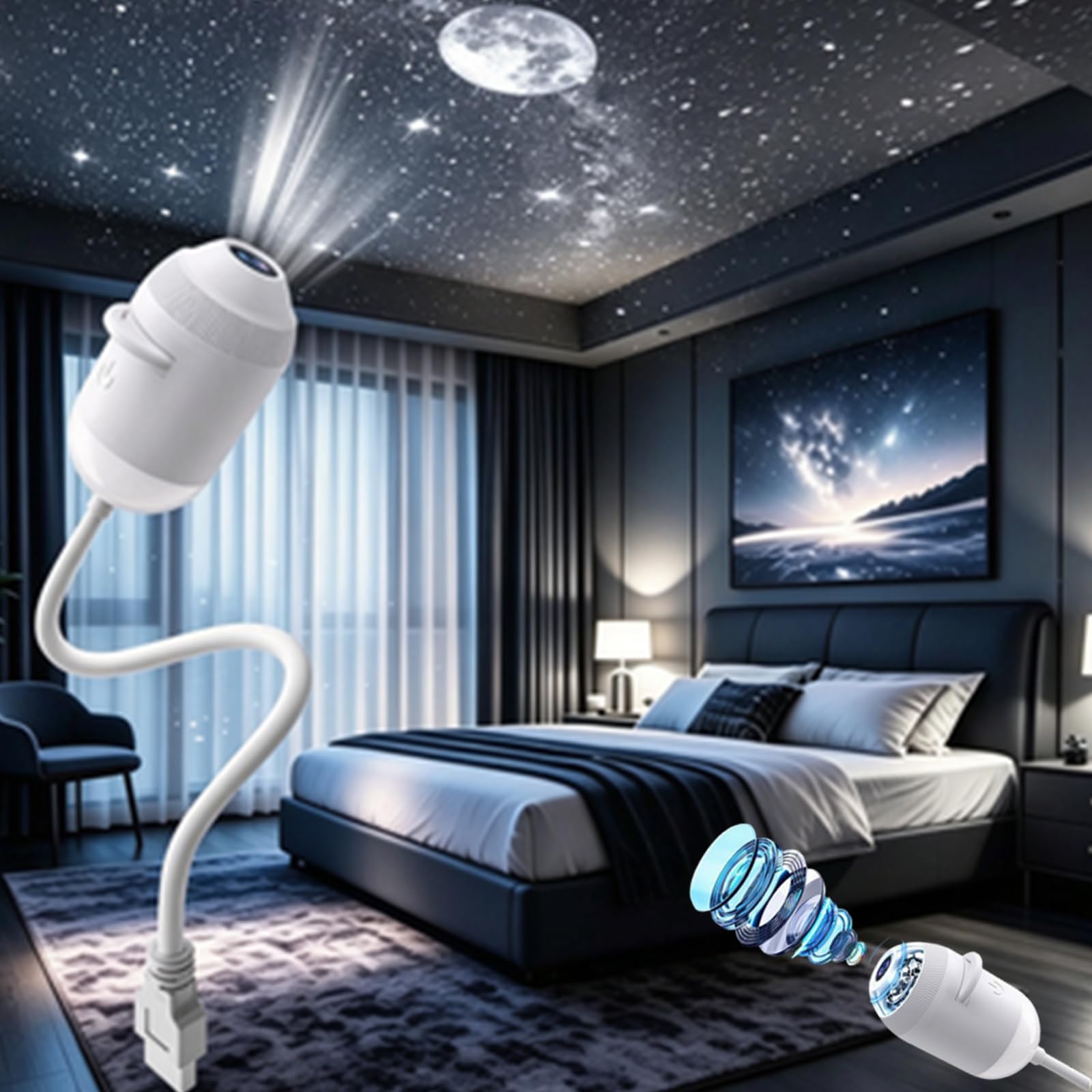 plug-and-play hd-sternenprojektor,Galaxy Dream Projector,galaxy Projector Night Light,2-in-1 Galaxyprojector Night Light,2-in-1 Sternenhimmel Projektor 12 Schiebbare Projektionsfolien,für Schlafzimmer