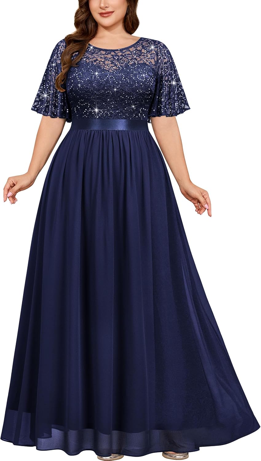 Miusol Women's Plus Size Sequin Lace Round Neck Butterfly Sleeves Formal Evening Maxi Dress