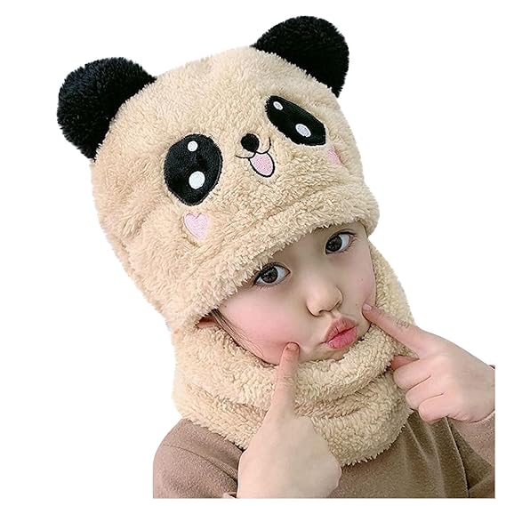 SYGA Kids Winter Beanie Knitted Hat, Panda Faux Fur Double Pom Pom Winter Cap for Toddler Baby Girls Boys, Suitable for 5-14 Years Old
