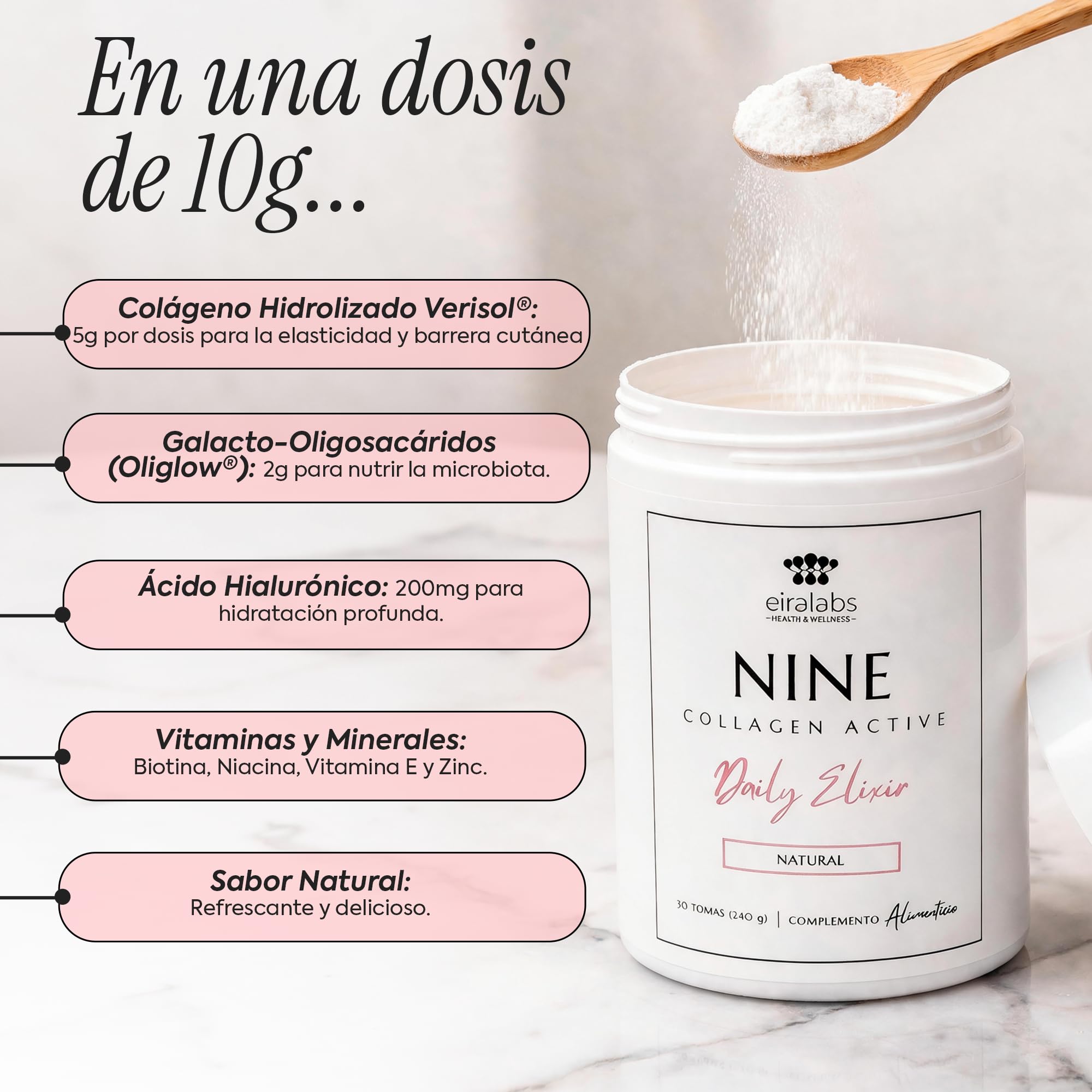 Nine Collagen Active Daily Ellixir - Kolagen z biotyną, niacyną, cynkiem oraz witaminami C i E w celu poprawy elastyczności skóry oraz wzmocnienia włosów i paznokci - Naturalny smak