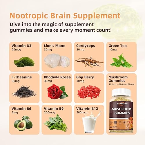 Miniatura 5 de Gomitas de hongos 10 hongos funcionales en uno - Melena de león, Reishi, chagaCordyceps y más - Enfoque natural y apoyo energético - Gomitas