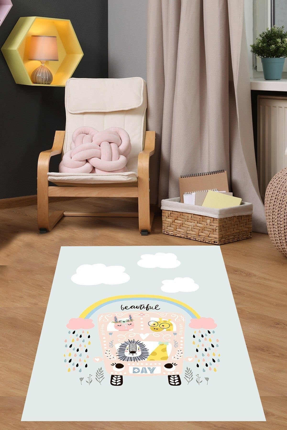 Pelangi Gökkuşaklı ve Bulutlu Beautiful Day Yazılı Yıkanabilir Kaymaz Taban Leke Tutmaz Çocuk Odası Halısı, Mavi-Pembe 100 x 150, 9038680150100150