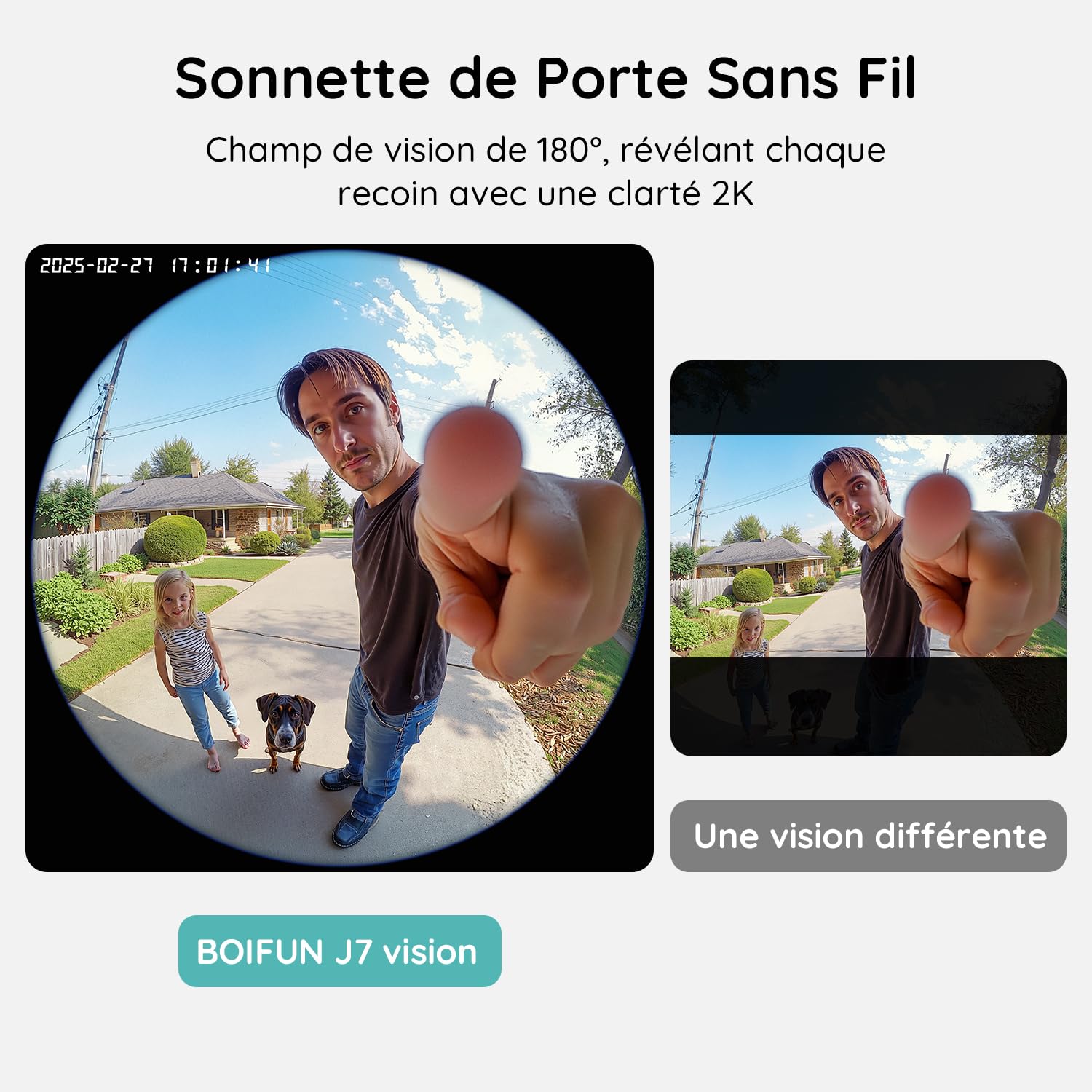 BOIFUN 2K 3MP Sonnette sans Fil Exterieur Etanche, Vue Panoramique à 180°, Détection IA Avancée, Installation Facile, Vision Nocturne, Compatible avec Alexa, IP65 étanche, Wi-FI 2,4 GHz Uniquement