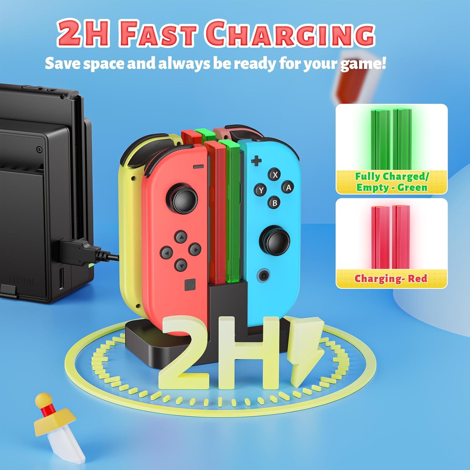 FastSnail Charging Dock Compatible with Nintendo Switch for Joy Con & OLED Model Controller with Lamppost LED Indication, Charger Stand Station with Charging Cable - Image 2