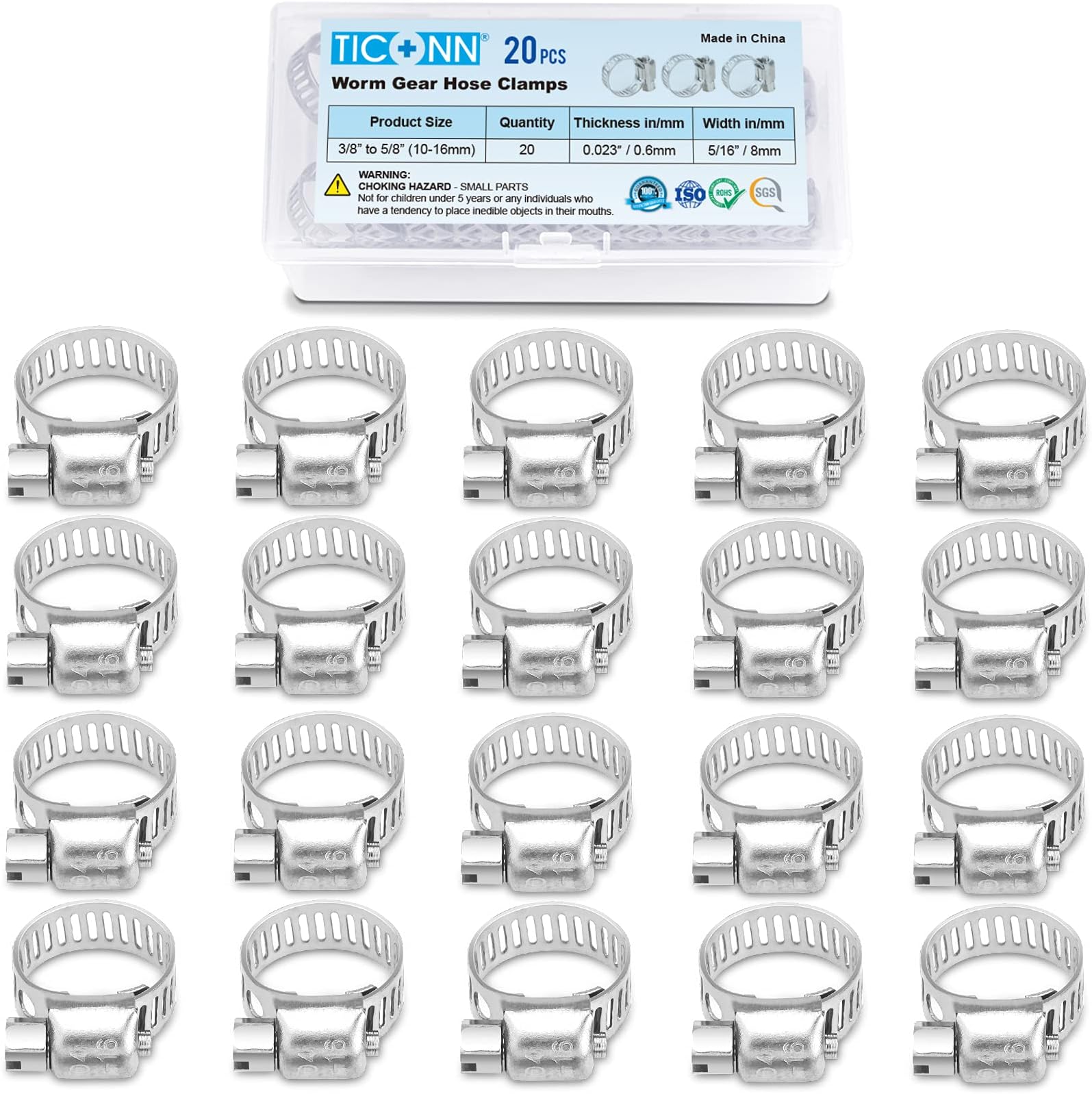 TICONN 20PCS Hose Clamp Set - 3/8''–5/8'' 304 Stainless Steel Worm Gear Hose Clamps for Pipe, Intercooler, Plumbing, Tube and Fuel Line