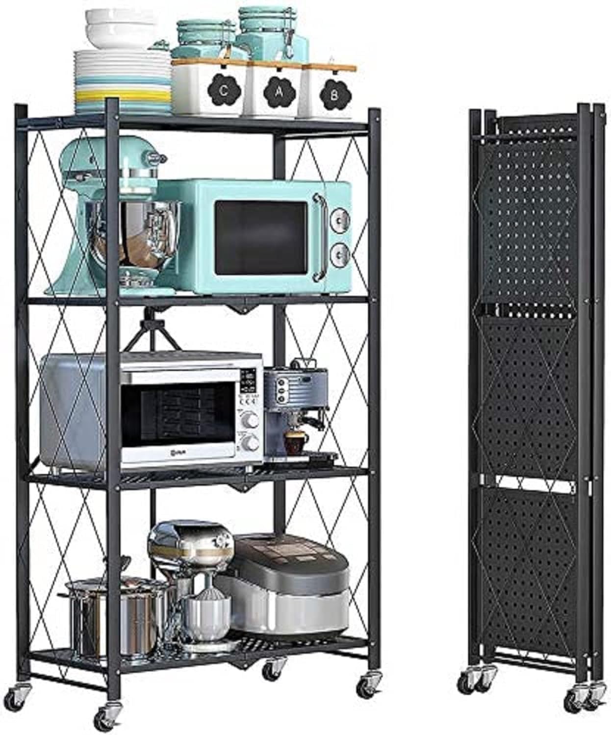 4 Tier Foldable Storage Shelf Unit with Wheel, Heavy Duty Storage Shelving Unit for Kitchen, Garage and Laundry Bathroom Tool Organization, Black
