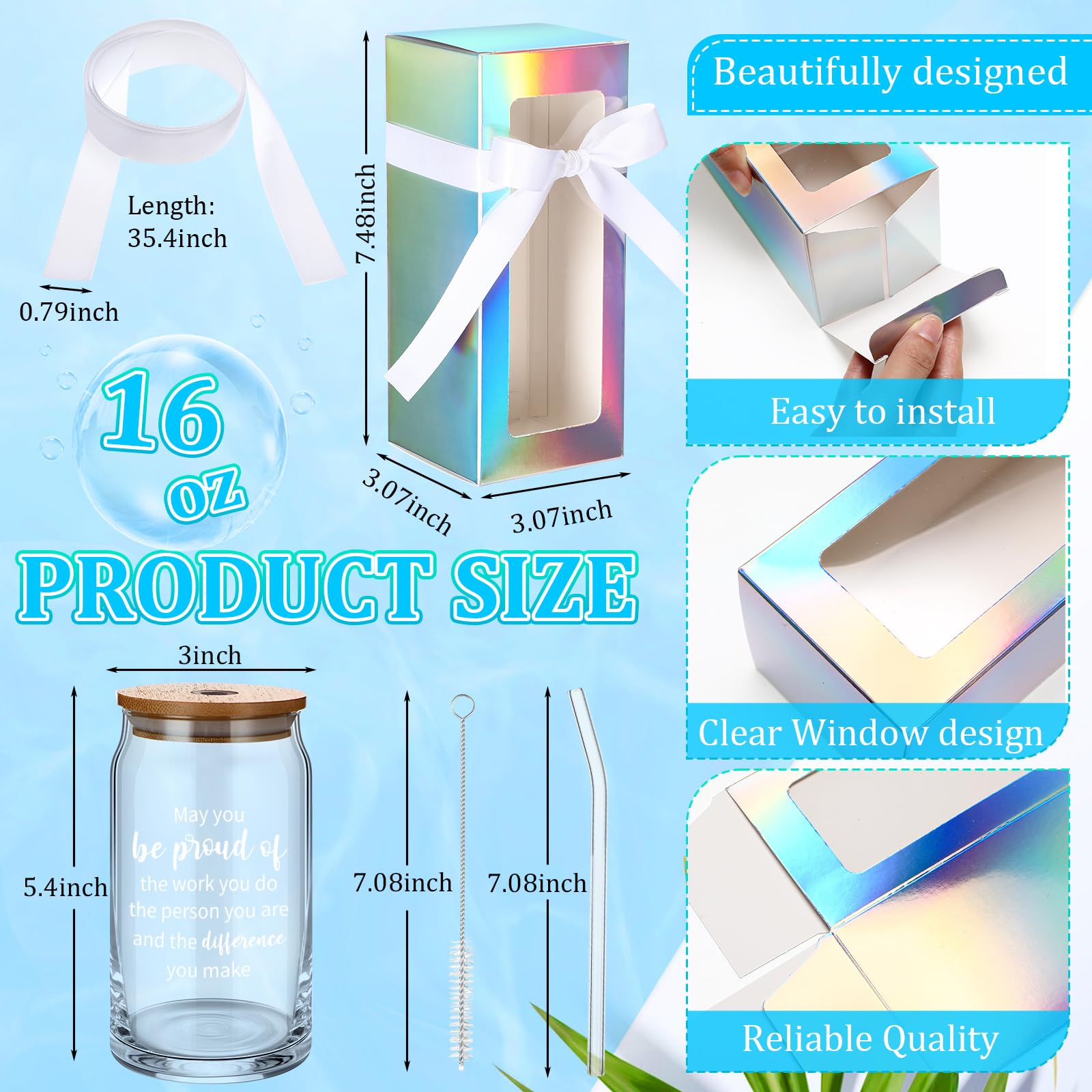 Layhit Set di 24 scatole regalo di apprezzamento in vetro da 473,6 g, con coperchio, paglia, pennello, bicchieri, con nastro, bicchieri ispiratori per colleghi, uomini, donne, compleanno, Natale