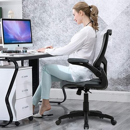 Miniatura 2 de Silla de oficina de malla, silla de computadora de respaldo medio con soporte lumbar y brazos abatibles, ergonómica, elegante, ajustable, giratoria,