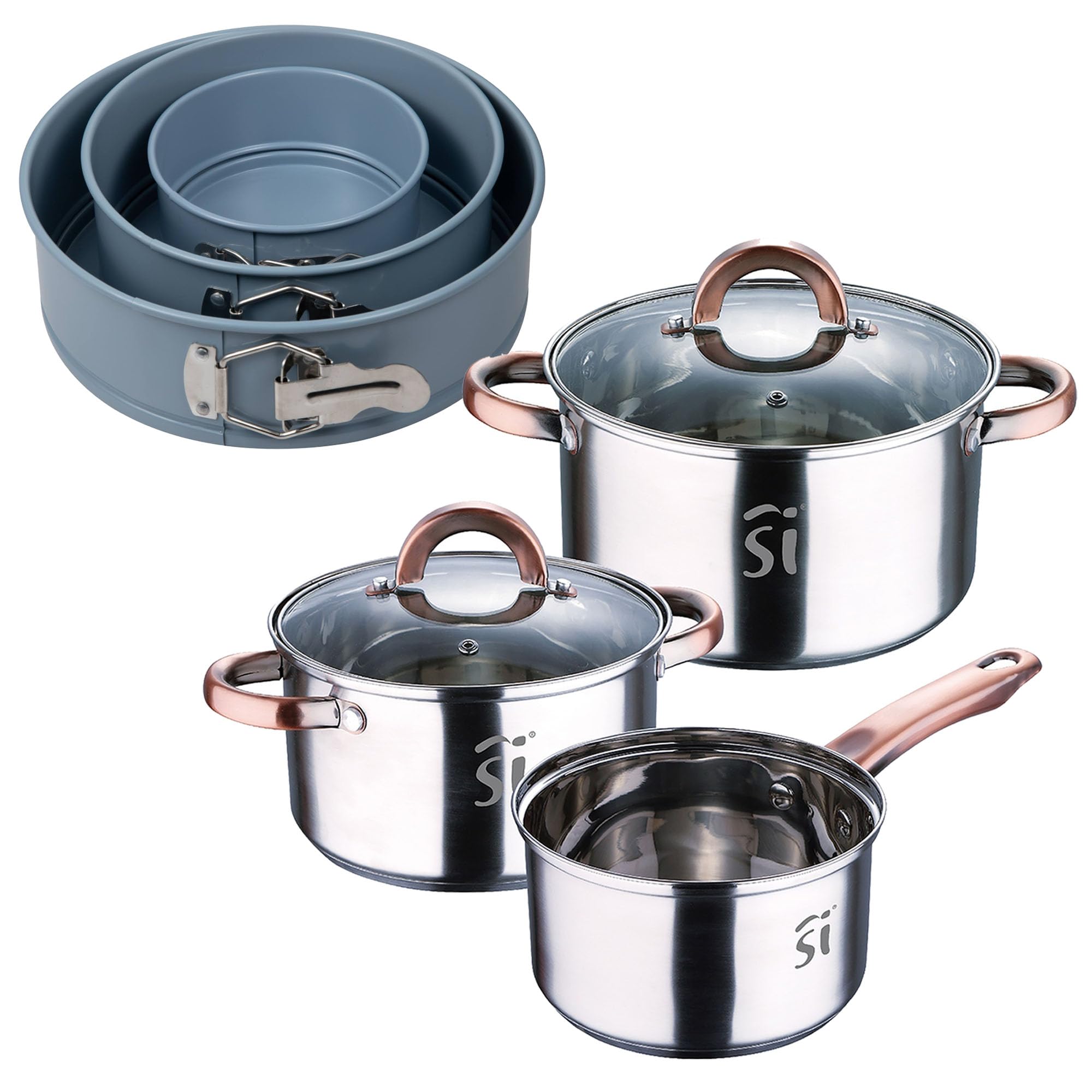 Kochgeschirr, 5 Stück, Edelstahl, Ø 16 mm, 18 Ø 20 cm, induktionsgeeignet + Set mit 3 runden Backformen, Ø 12 Ø 18 x 22 cm, NOIA San Ignacio