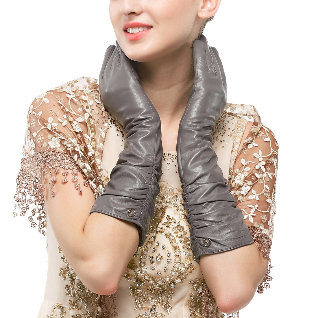 women's l'hiver des gants en cuir véritable nappa ruched à écran tactile coude partie mitaines en cuir