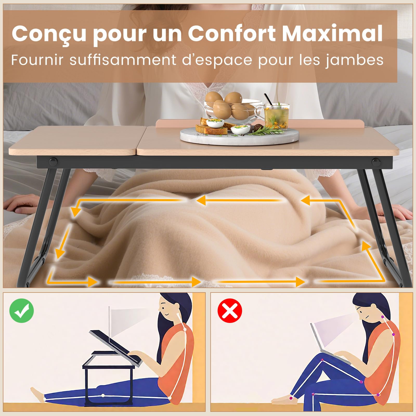 COSTWAY Table de Lit Pliable 55 x 32 cm, Plateau pour Ordinateur Portable avec 5 Angles d'Inclinaison Réglables, Cadre en Métal