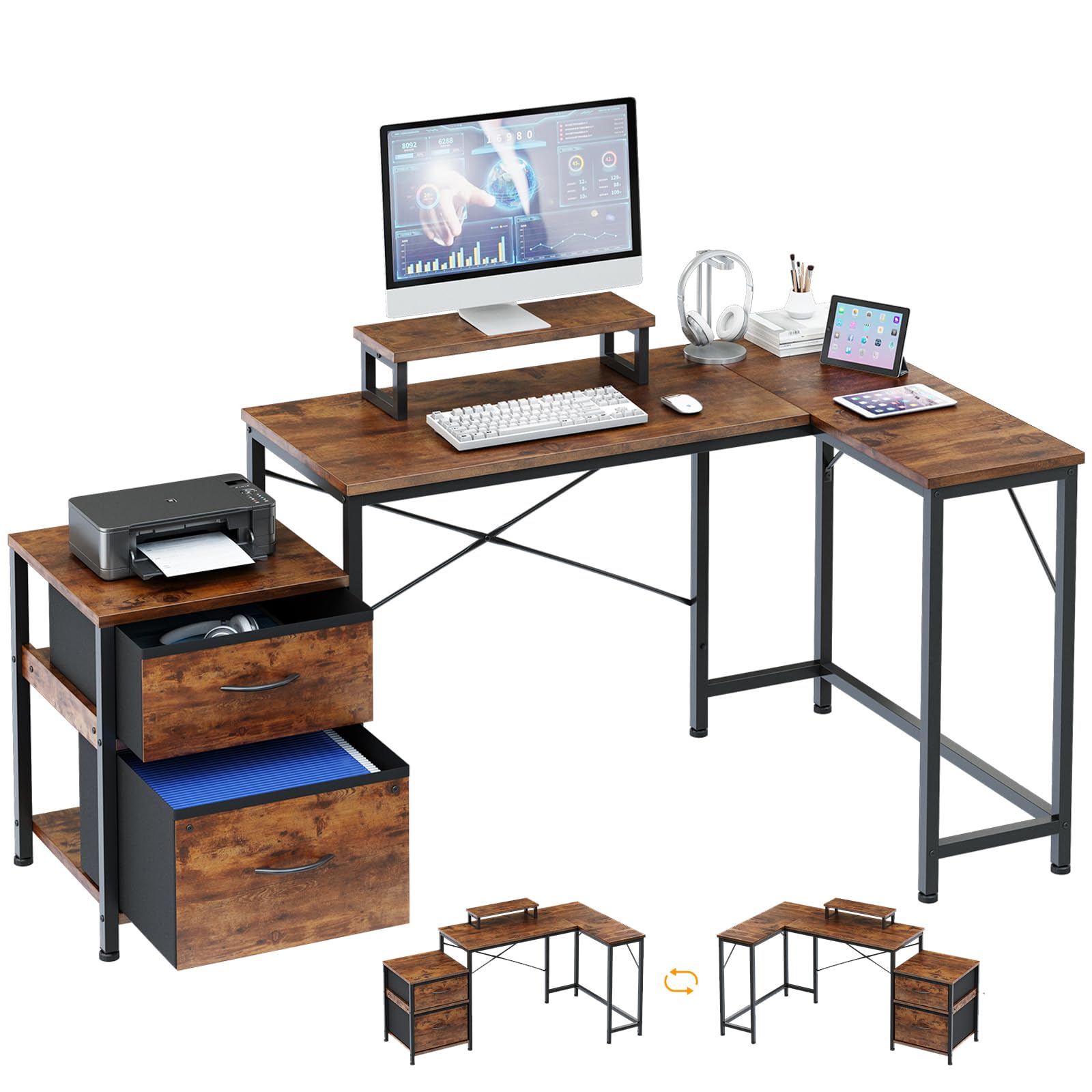 L Shaped Desk with Filing Drawer & Storage Drawer Compact Corner Desk with Monitor Stand Reversible Computer Desk for Home Office Bedroom Small Space