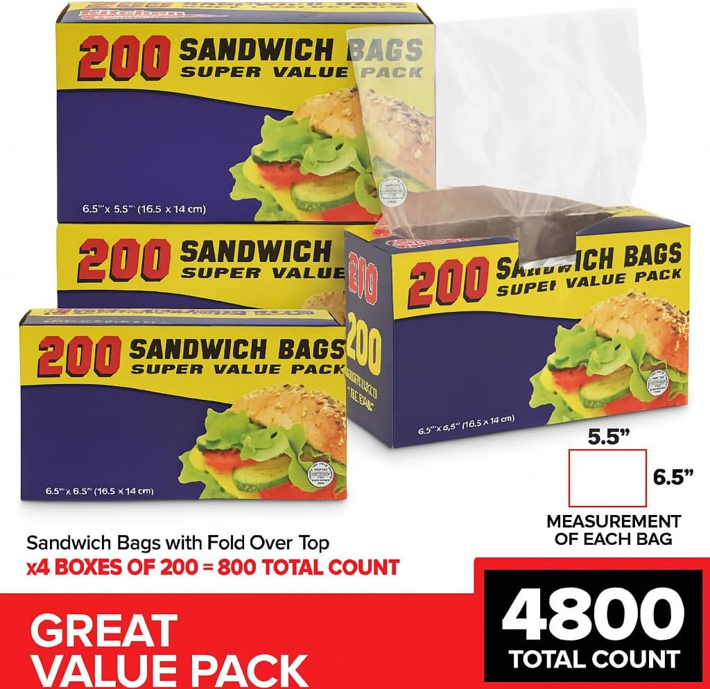 Clear Fold Top Sandwich Bags 4800 Count Bulk Disposable Plastic with Fold and Close Design for Daily Use Chefs Restaurants or Catering Stock Your Home