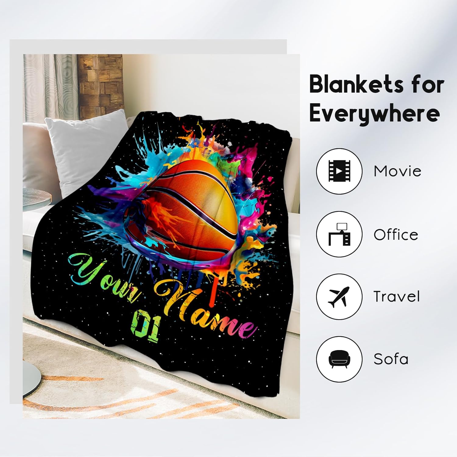 Personalized Basketball Blanket for Girls, Custom Basketball Gifts for Boys Adults Sport Lovers, Kids Throw Blankets for Team Player Bed Living Room Home Decor (Colorful, 60x80 Inch)