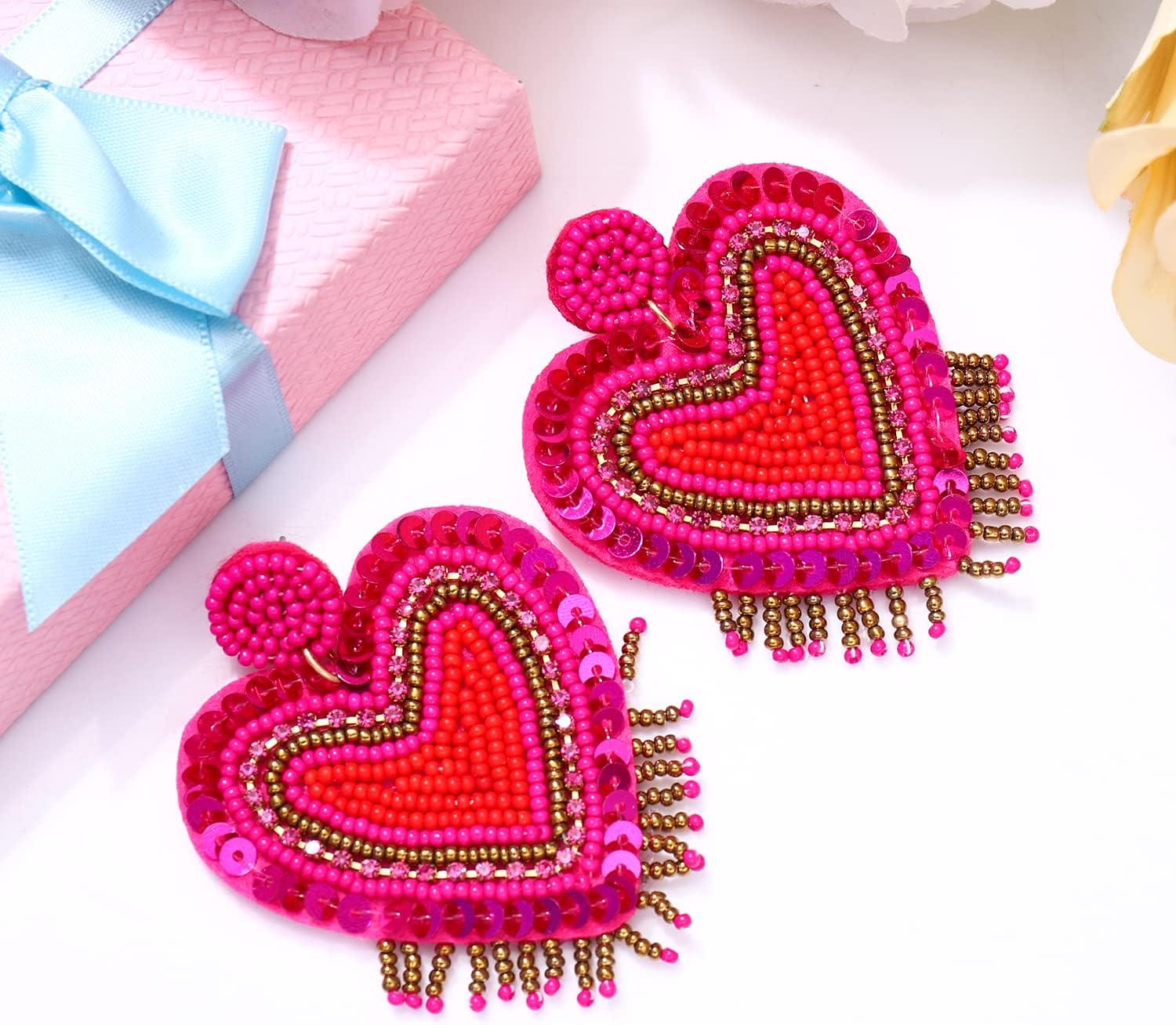 Bead Dangle Earrings for Women Heart Beadeds Dangle Earrings Valentine's Day Rhinestone Heart Earrings Holiday Bead Drop Dangle Earrings Valentine's Day Beadeds Earrings Gift - Image 7