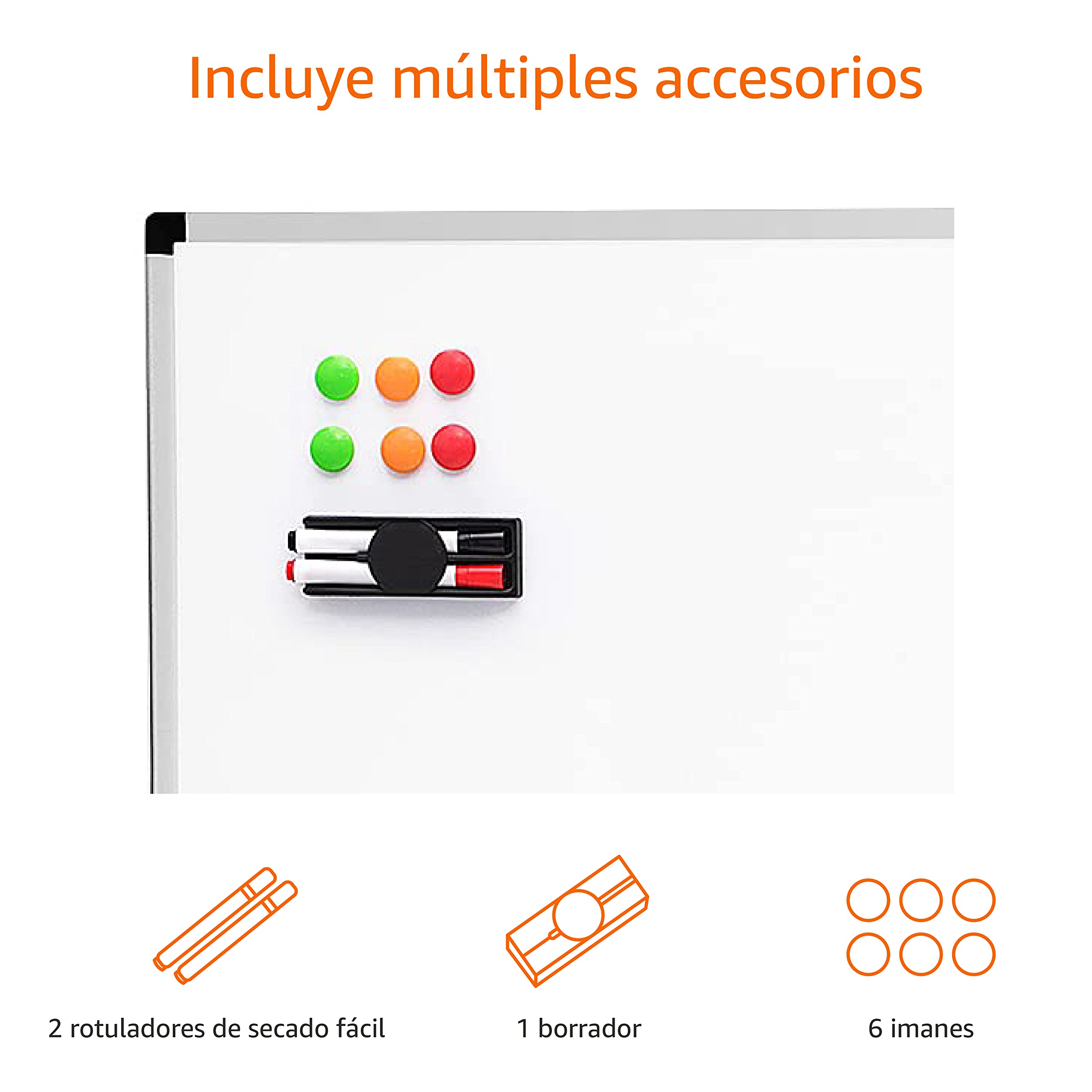 Amazon Basics Pizarra Blanca Magnética con Marco de Aluminio, Bandeja para Rotuladores, 6 Imanes, 1 Borrador y 2 Rotuladores para Uso en Oficina y Hogar, Montaje en Pared, Borrado en Seco, 90 x 60cm