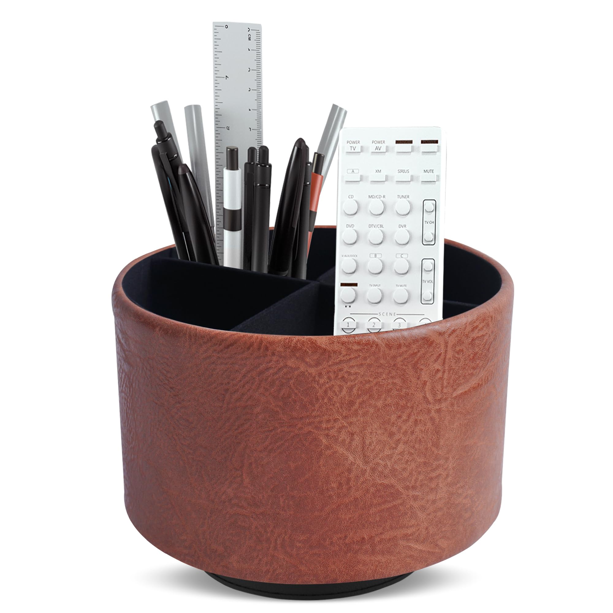 Mtzmy Round Leather Art Supply Organizer,Remote Control Holder,360 Degree Spinning,Multi-Functional Pencil Holder,4 Compartments Desktop Stationary Organizer(1-Crazy Red)