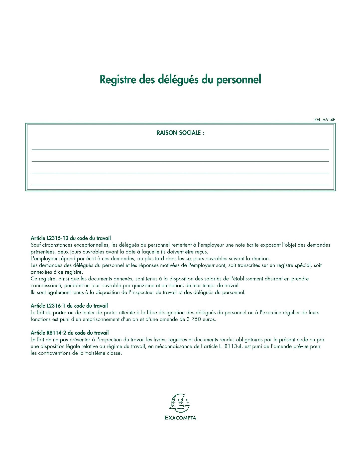 Exacompta Registre des délégués du personnel