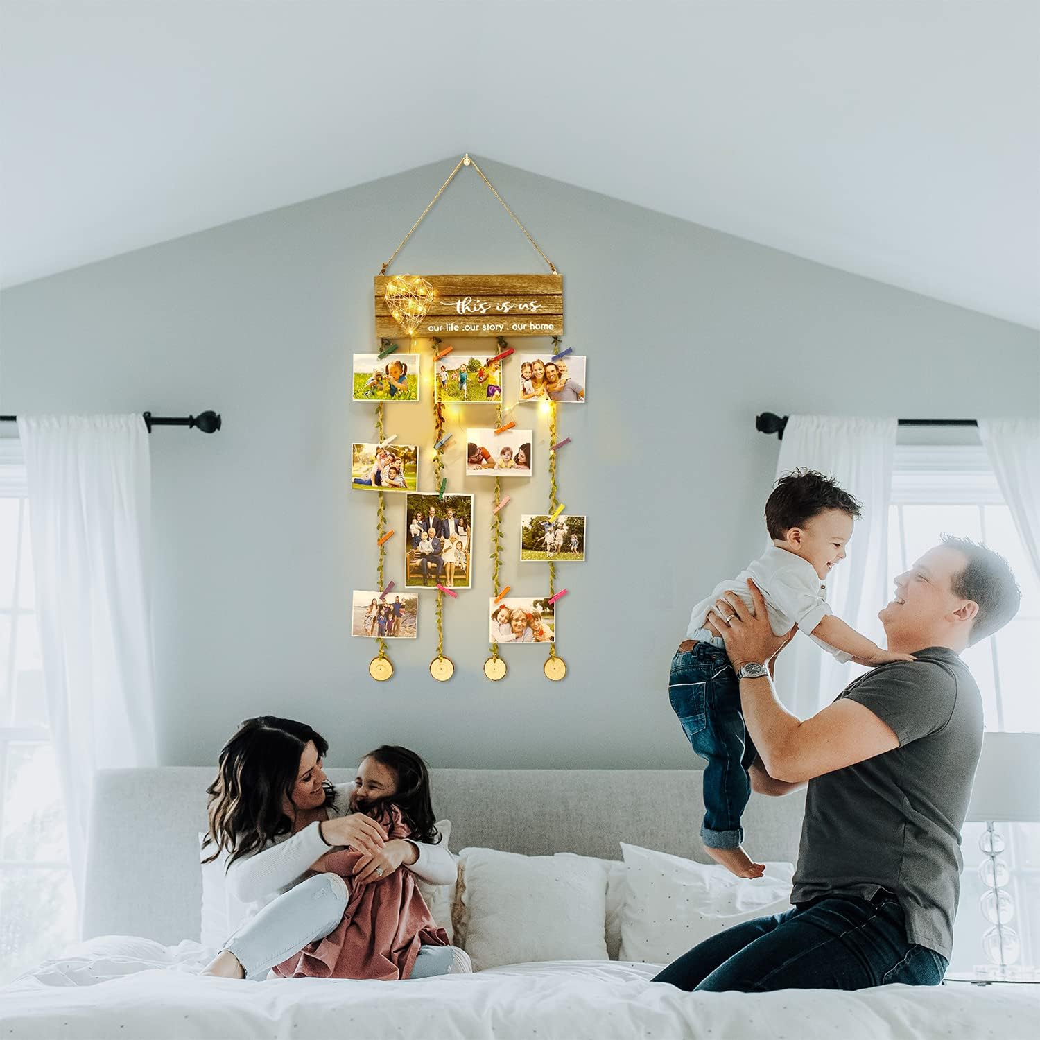 Hanging Photo Display Board Wall Decor, Picture Frames Collage Board with Heart-Shaped Remote Fairy Lights for Family Wall Art Living Room Decor, Housewarming Gifts for Mom Wife Couples Home Decor