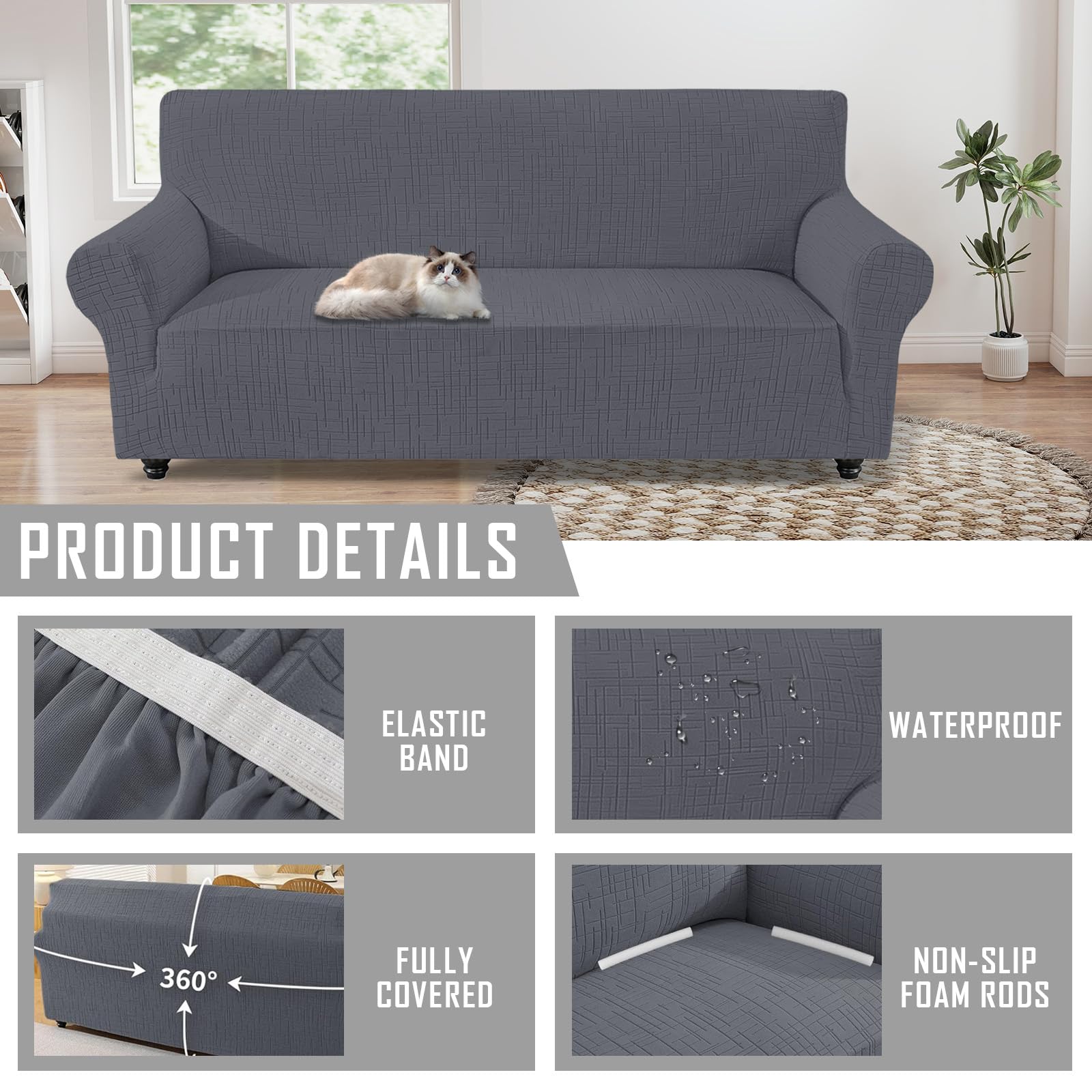 Funda de Sofá 3 plazas, Universales Fundas para Sillones Elástica con Reposabrazos, Funda para Sofa Antiarañazos Gatos, Cubre Sofa Antideslizante Antimanchas (Gris Claro)