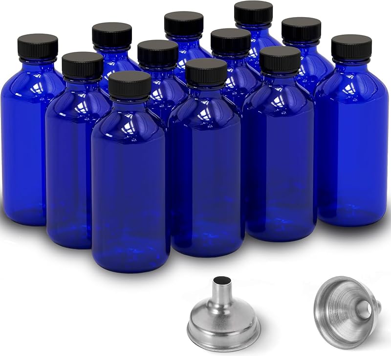 DIDITIME Frascos reutilizáveis de vidro Cobalt Blue com tampas e funil de aço inoxidável, 60 mL, Boston Bottles-1, Pacote com 6