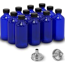 DIDITIME 2oz Shot Bottles with Caps & Stainless Steel Funnel - Reusable Glass 60ml for Small Jars, Portions, Ginger Shot, Oil, Juice with Lids Cobalt Blue, 12 Pack