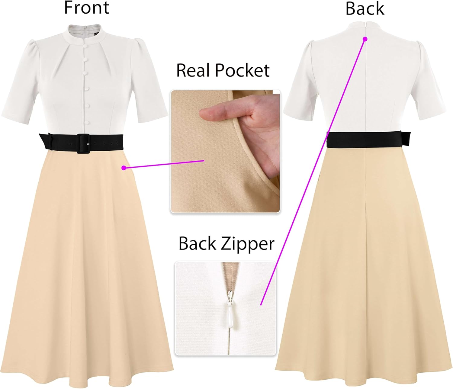 VFSHOW Womens 2025 Summer Work Business Dresses Pockets Belted Buttons Office Slimming Midi Colorblock Fit and Flare A-Line Dress (Off White and Beige, X-Large) 11788 APT XL