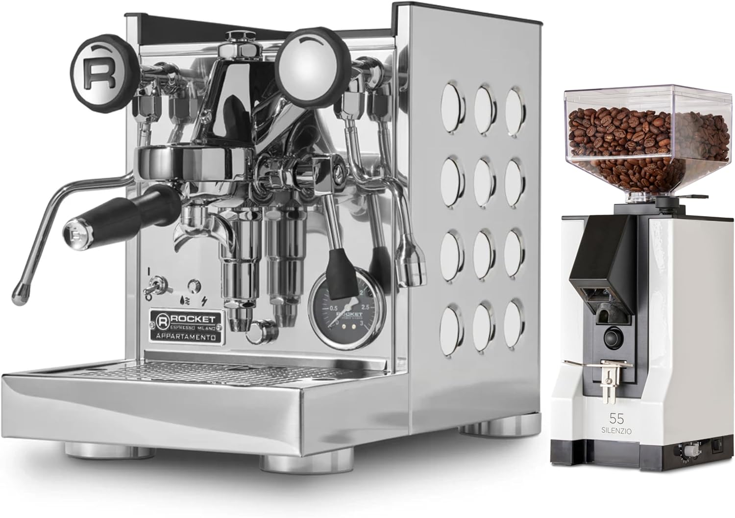 Rocket Espresso Appartamento TCA Espresso Machine and Eureka Mignon Silenzio 55 Grinder Bundle (Stainless Steel White/White)
