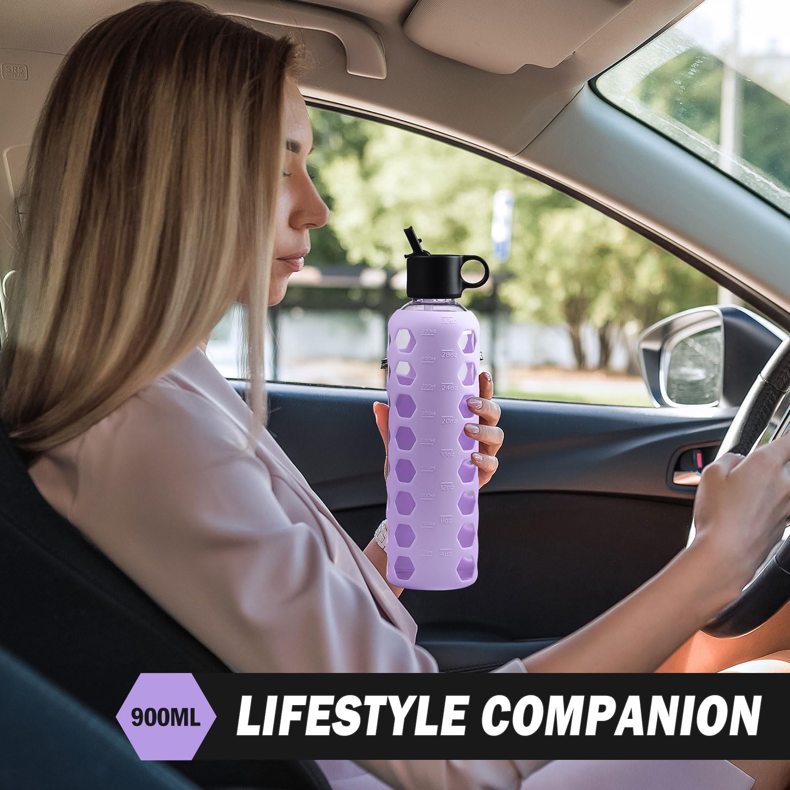 BLUEGO Borracce in vetro, 900ml Bicchiere in vetro, Bottiglie per bere con 2 coperchi, Bottiglia per l'acqua sportiva con custodia in silicone, A prova di perdite, Viola