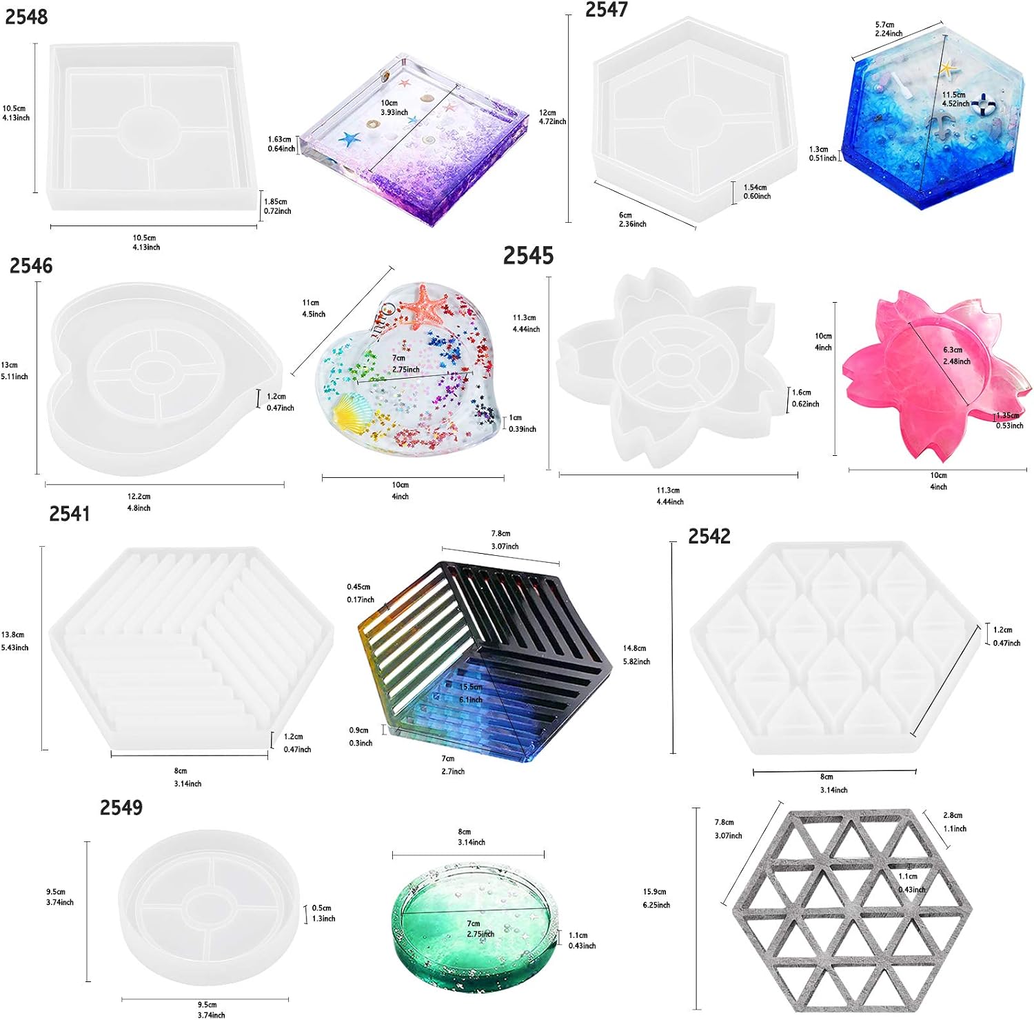 FUNSHOWCASE Epoxy Resin Coaster Molds Set 63 Kits Silicone Trays Large 6-8inch Rectangle Square Circle Heart Octagon Hexagon 13 Geometric Shapes, Craft Sticks