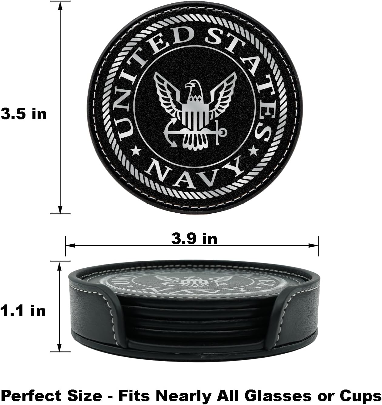 US Navy Leather Coaster Set - 4 Premium Coasters with Hot Stamped Foil Logo - Disabled Vet Owned Business-Navy Leather Coasters