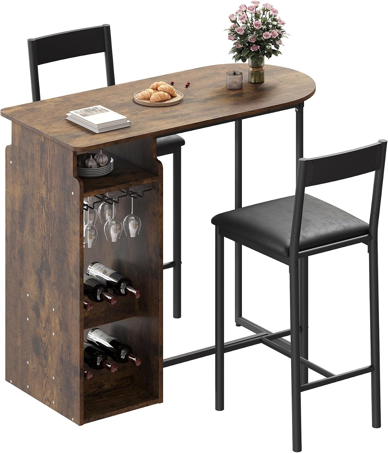 Rustic Industrial Bar Table Set for Two, Triple-Level Wine Rack with Integrated Stemware Hanger, Compact Design with Plush Velvet Stools, Perfect for Small Spaces, Kitchen Nooks, and Home Bars