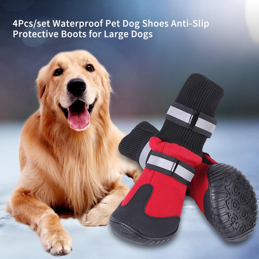 GLOGLOW Protective Dog Shoes, Waterproof Dog Boots Dog Shoes with Reflective Strap Dog Boots for Large Dogs(L-Rojo)