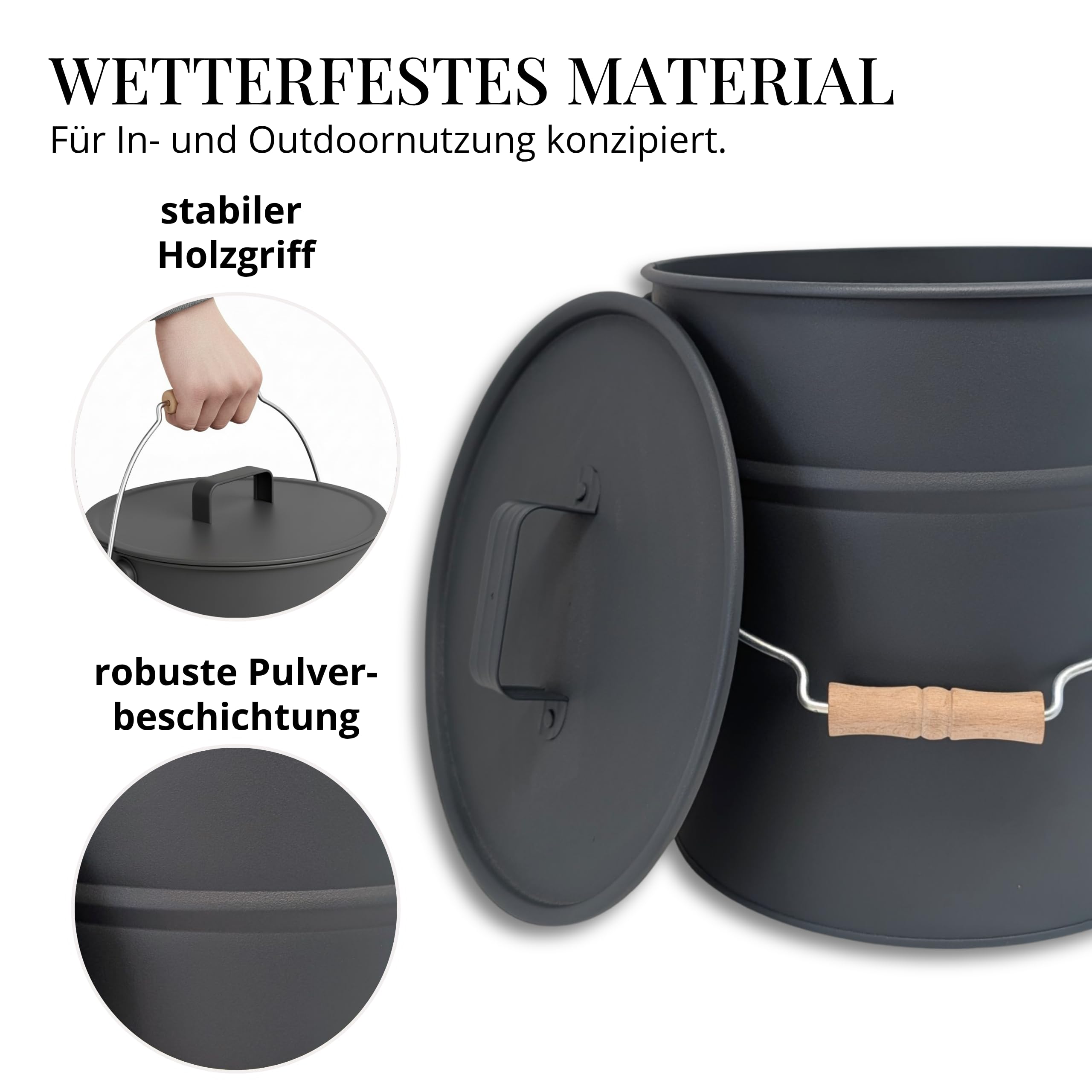 Livlig53 LIVLIG Metalleimer mit Deckel, Verzinkter Garteneimer & Ascheeimer aus robustem Metall, stilvoller Eimer mit Deckel und Holzgriff, Premium Qualität aus Europa, Zinkeimer Anthrazit